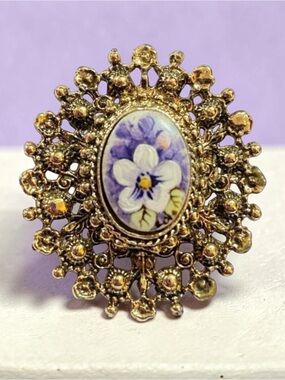 Vintage Hand Painted Purple & White Floral Porcelain Brooch Pendant Pin